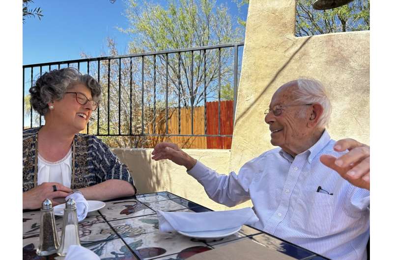 Drs. Seymor Reichlin and Esther Sternberg sharing a laugh over a birthday dinner—April 2024. Credit: Dr. Mark Abrams.