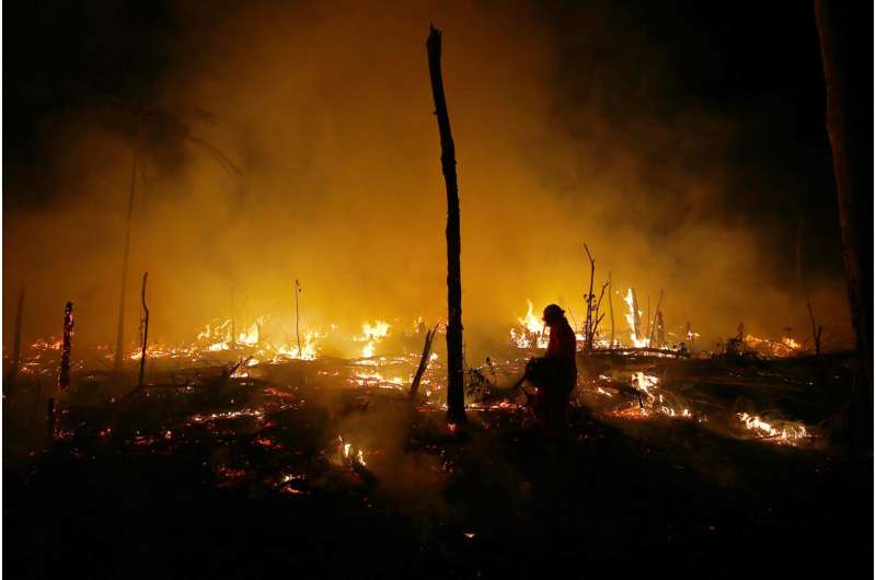 Firefighters work to put out a blaze in the Amazon forest during a drought and high temperatures in the rural municipality of Careiro Castanho, Amazonas state, Brazil, Oct. 21, 2023. Credit: AP Photo/Edmar Barros, File