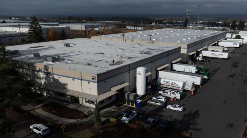 Vehicles are seen at a building that houses ByHeart, a manufacturer of organic baby formula, plant on Tuesday, Nov. 11, 2025, in Portland, Ore. Credit: AP Photo/Jenny Kane